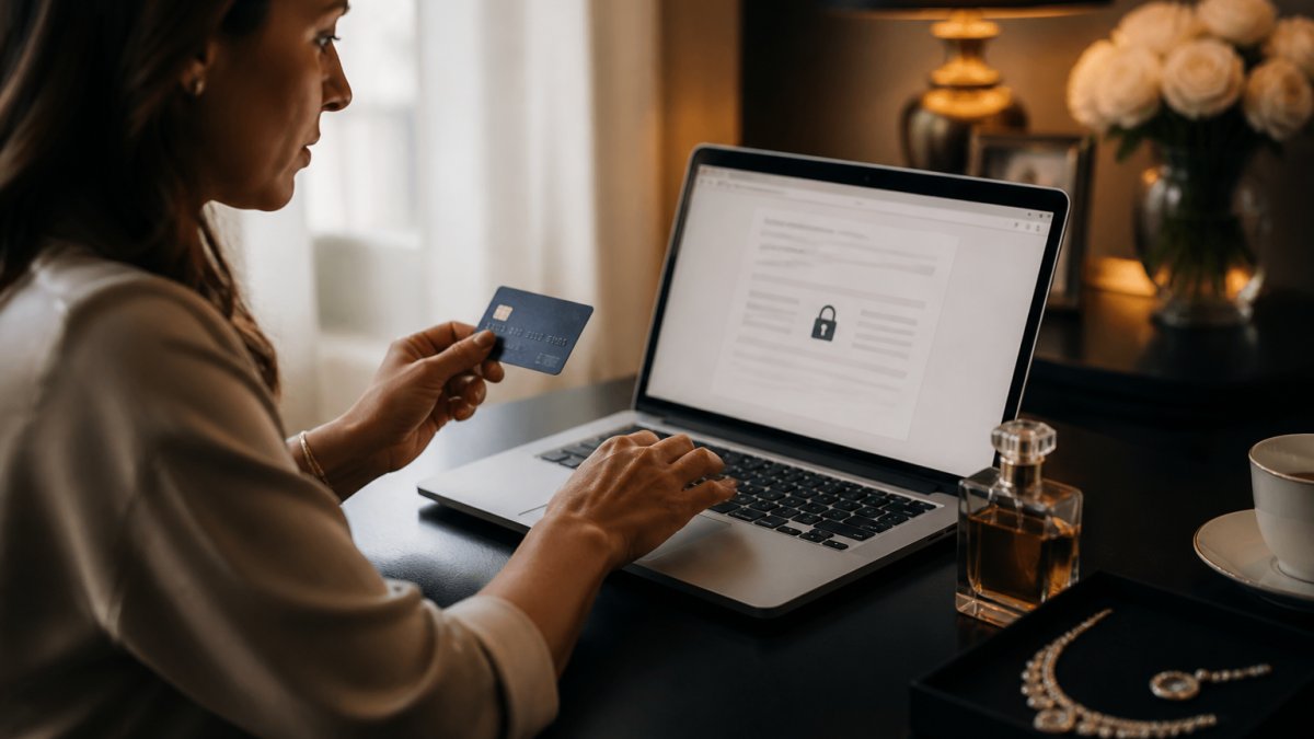 Close-up of a person's hands holding a credit card near a laptop displaying a secure checkout page with a padlock icon, in a warm, softly lit home office setting with a luxury perfume bottle and jewelry box visible in the background