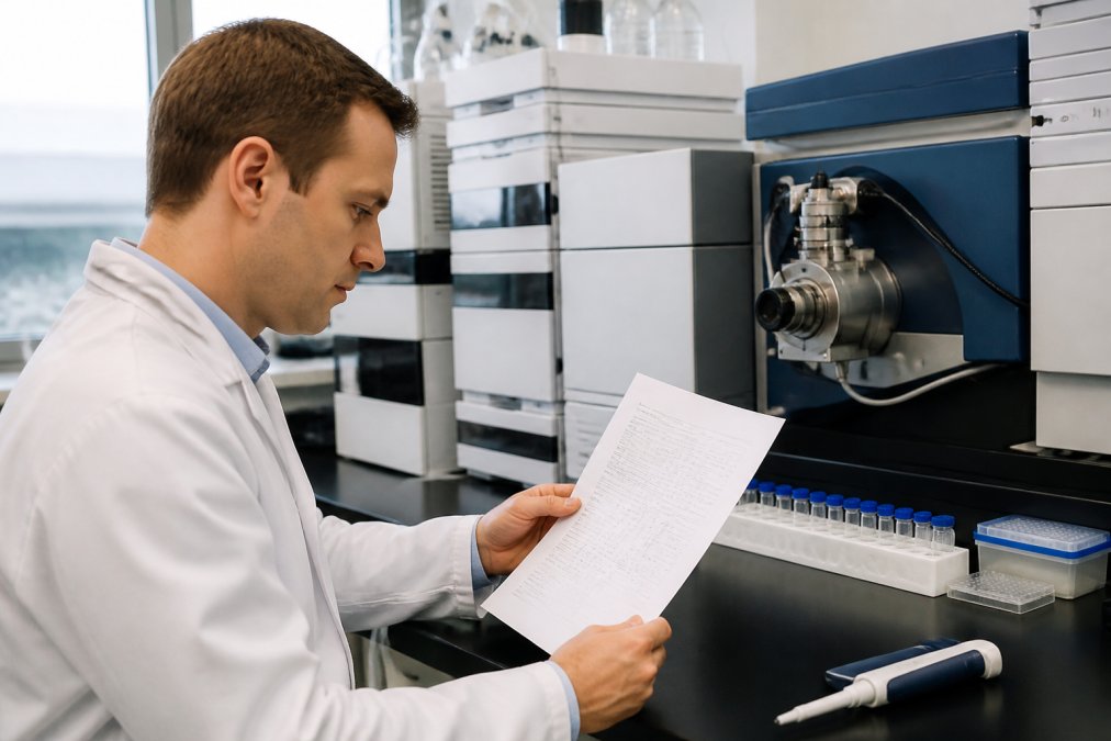 Professional researcher in white coat examining a Certificate of Analysis document at a laboratory bench with mass spectrometry equipment and chromatography instruments visible in the background, natural laboratory lighting
