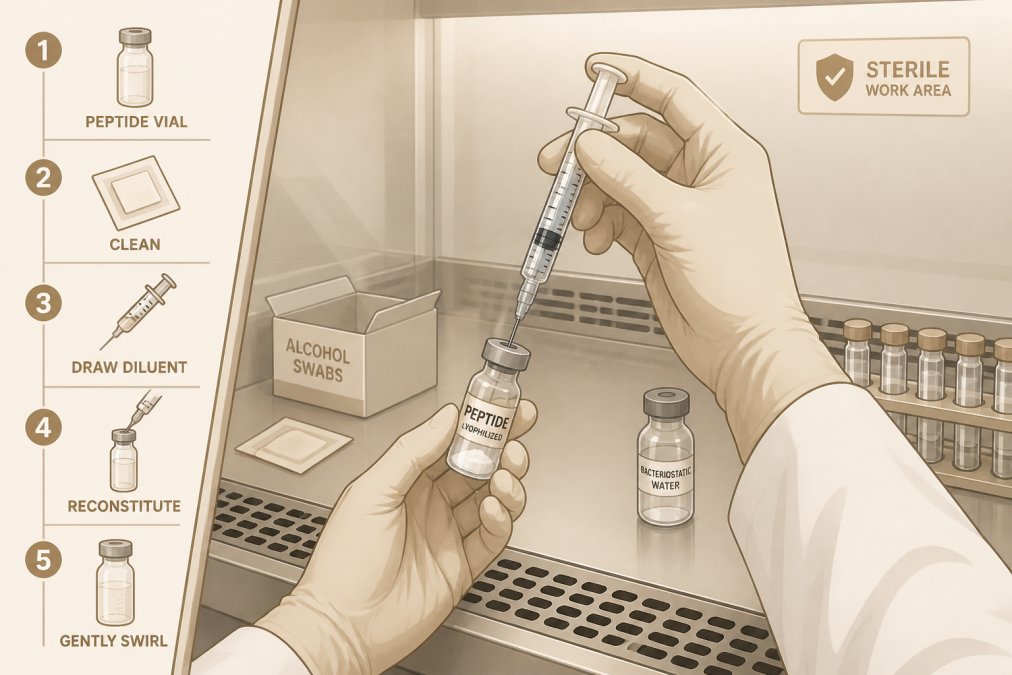 Researcher's gloved hands carefully reconstituting a lyophilized peptide vial using sterile technique, with a sterile syringe, alcohol swabs, and laminar flow hood visible in the background, professional laboratory lighting