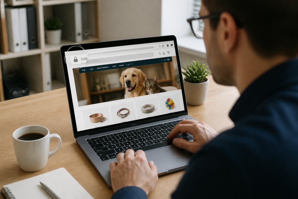 Professional examining a laptop screen displaying a secure pet supply website with padlock icon visible in browser address bar, hands positioned on keyboard in well-lit home office