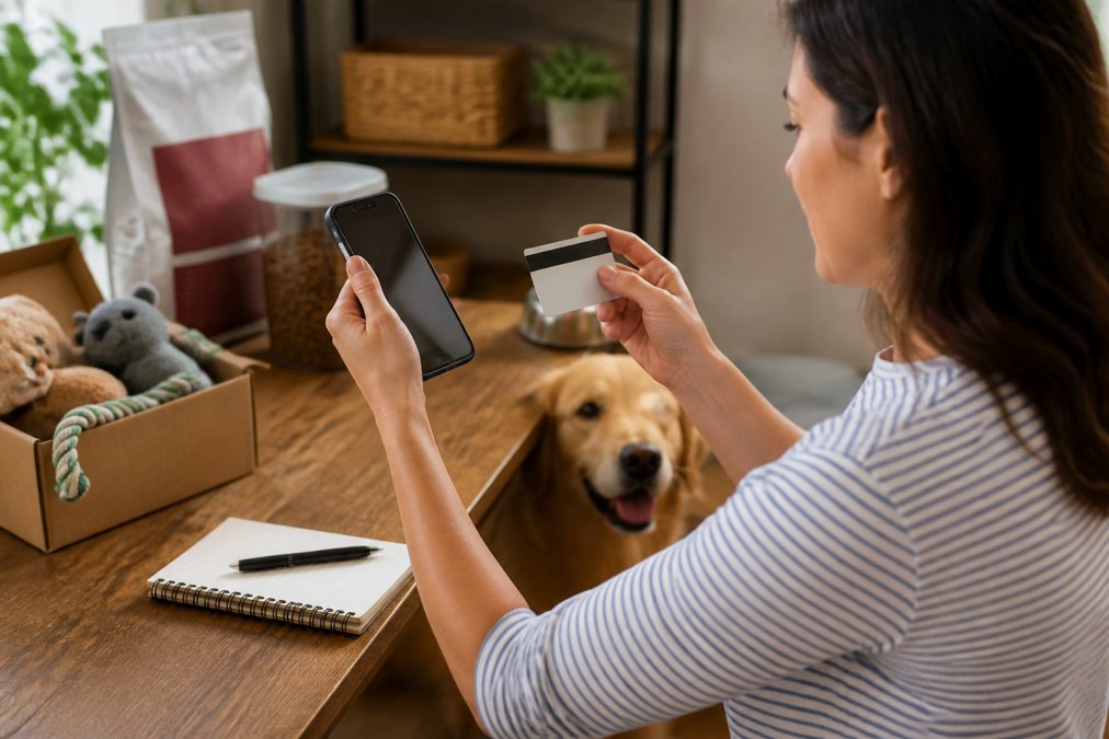 Pet owner holding credit card while reviewing secure checkout page on smartphone display, seated at desk with pet supplies visible in background, warm natural lighting
