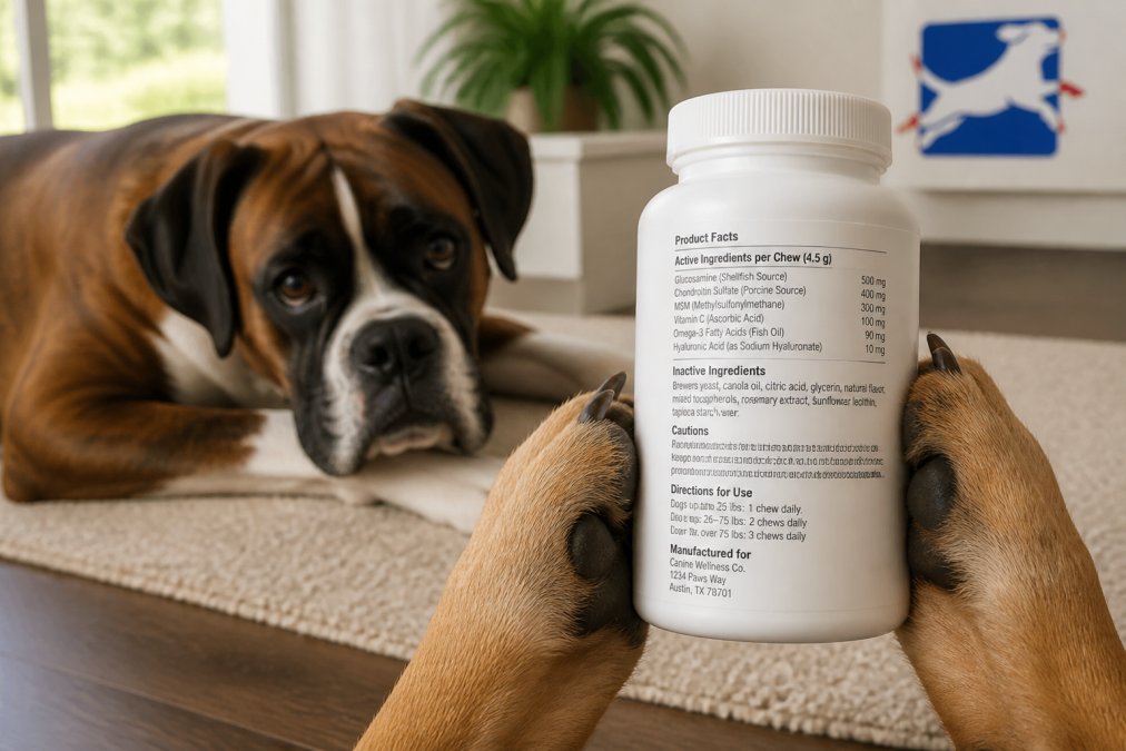 Close-up of dog supplement bottle label being examined by pet owner's hands, showing ingredient list, dosage instructions, and manufacturer information under natural lighting