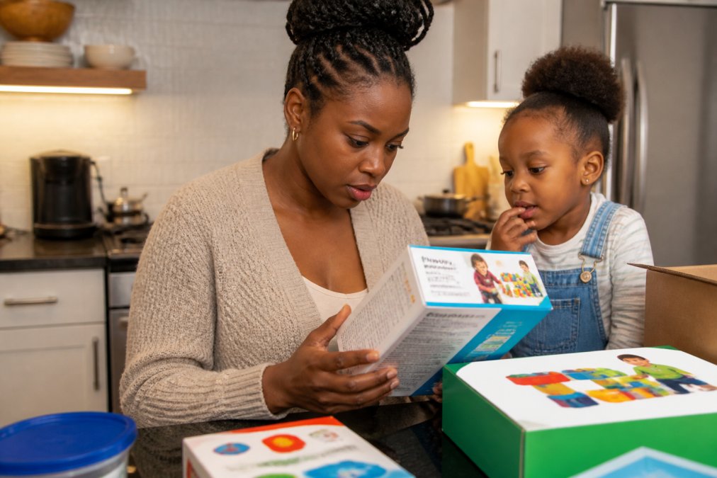 A parent closely examining a colourful children's toy box under warm kitchen lighting, turning the packaging over to read safety labels and certification marks