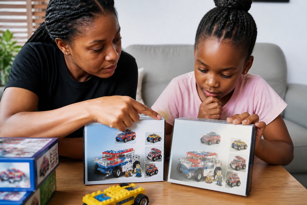 Two similar toy packages placed side by side on a wooden surface under bright overhead lighting, one with crisp professional branding and clear safety marks, the other with faded print, uneven text, and no certification label