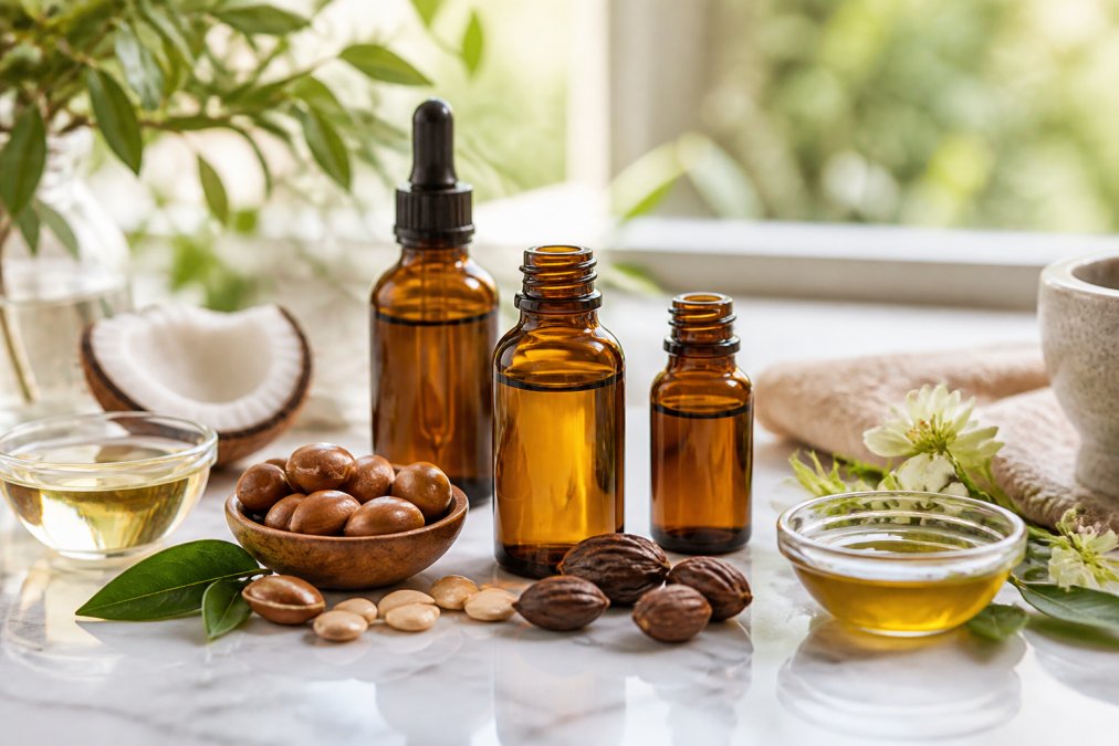 Close-up of botanical ingredients, argan oil, coconut oil, jojoba oil, in amber glass bottles with fresh plant leaves and seeds nearby, arranged on a marble surface with natural window lighting