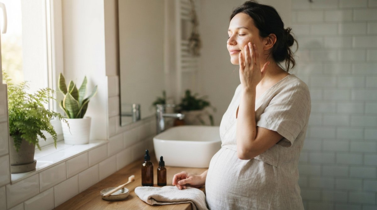 Pregnant woman applying organic skincare serum to her face in a bright, natural bathroom with soft morning light, showing a calm, nurturing self-care moment