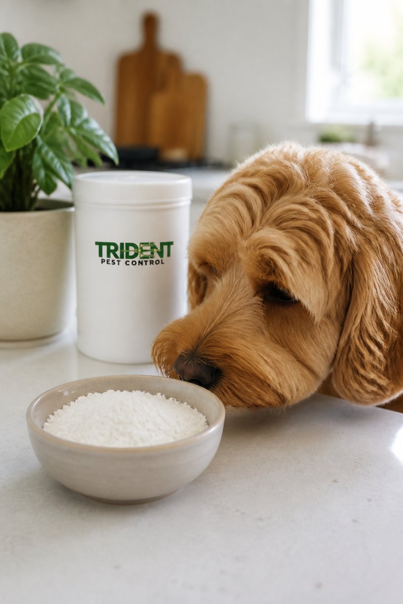 Close-up of a small bowl of white food-grade diatomaceous earth powder on a kitchen bench beside a curious dog sniffing nearby, natural daylight, clean domestic setting