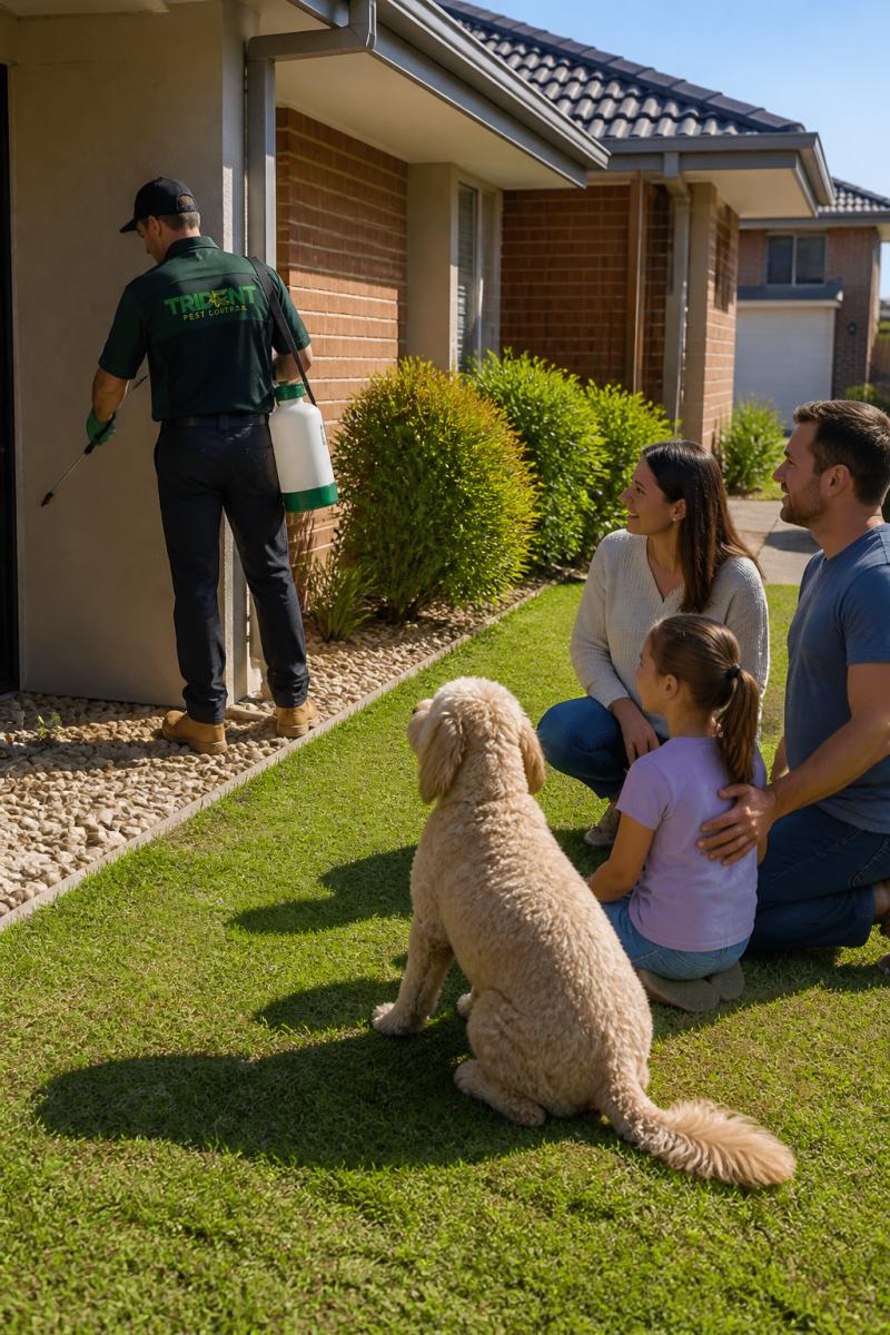 A licensed pest control technician in full uniform applying treatment to the exterior wall of a suburban home while a family with a dog waits safely on the front lawn in afternoon sunlight