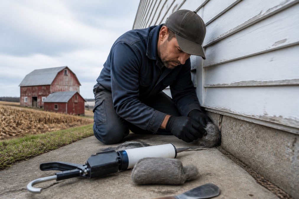 Close-up of a pest control technician in work gloves pressing steel wool and caulk into a gap at the base of a farmhouse exterior wall, with weathered red farm outbuildings and harvested fields visible in the background, overcast afternoon light