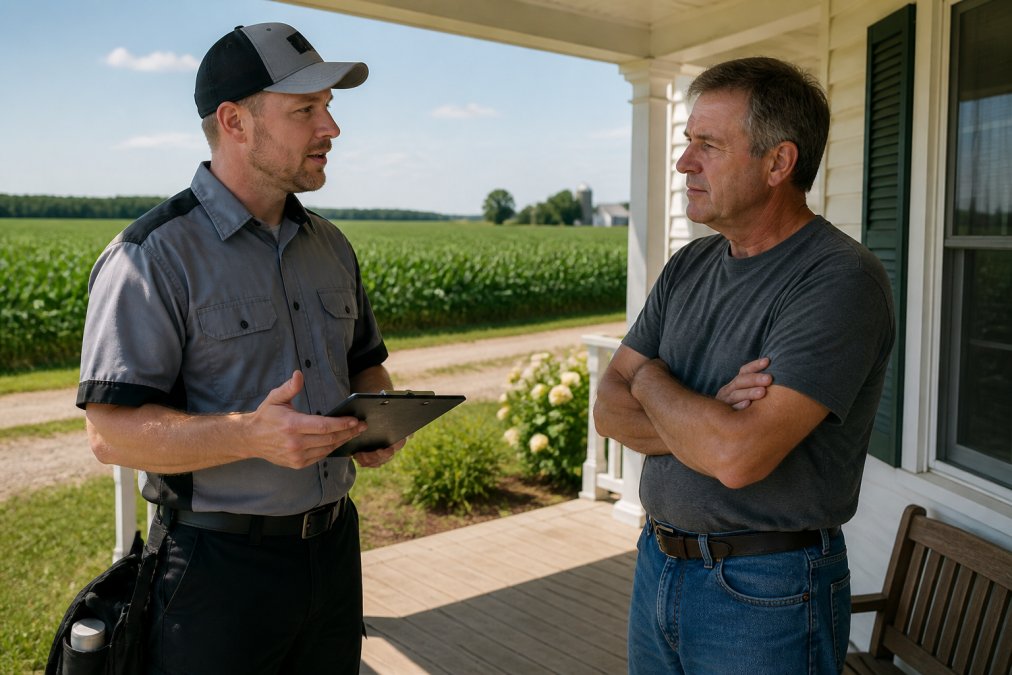 A licensed pest control technician in a branded uniform and cap speaking with a middle-aged farm homeowner on the front porch of a rural Iowa farmhouse, green corn fields stretching behind them under a clear summer sky