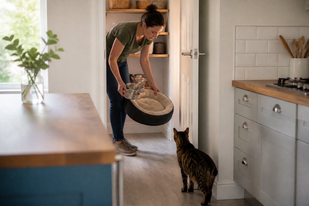 A pet owner in a home kitchen moving a dog bed and stainless steel food bowls into a closed room, a cat watching from the doorway, soft afternoon light through a window