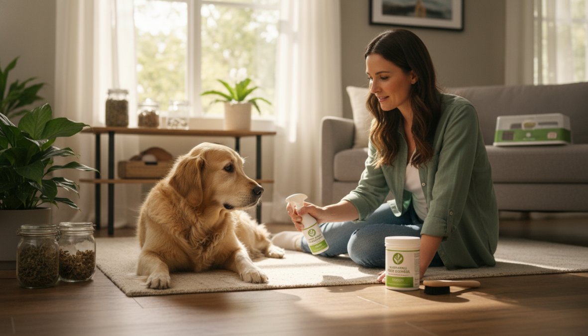 A parent and young child watching a licensed pest control technician in uniform applying a surface treatment along a baseboard inside a bright, clean kitchen, with a golden retriever sitting calmly nearby on a tiled floor under warm overhead lighting