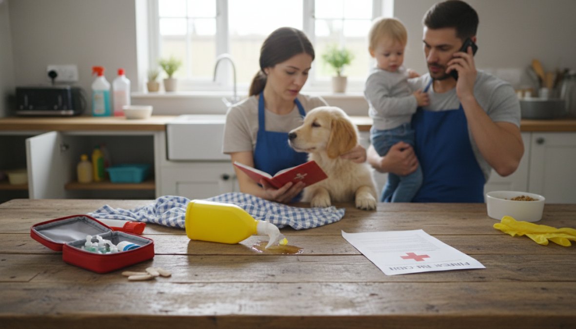 Close-up of a person's hand holding a smartphone displaying a poison control hotline number, with a pet water bowl and pest control product bottle blurred in the background on a kitchen counter under natural window light