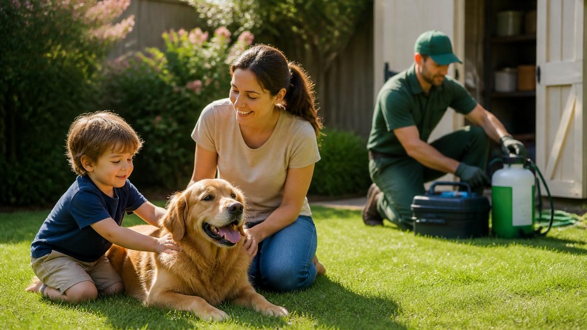 A parent and young child playing with a golden retriever on a sunny backyard lawn while a pest control technician in a green uniform packs up equipment near a garden shed