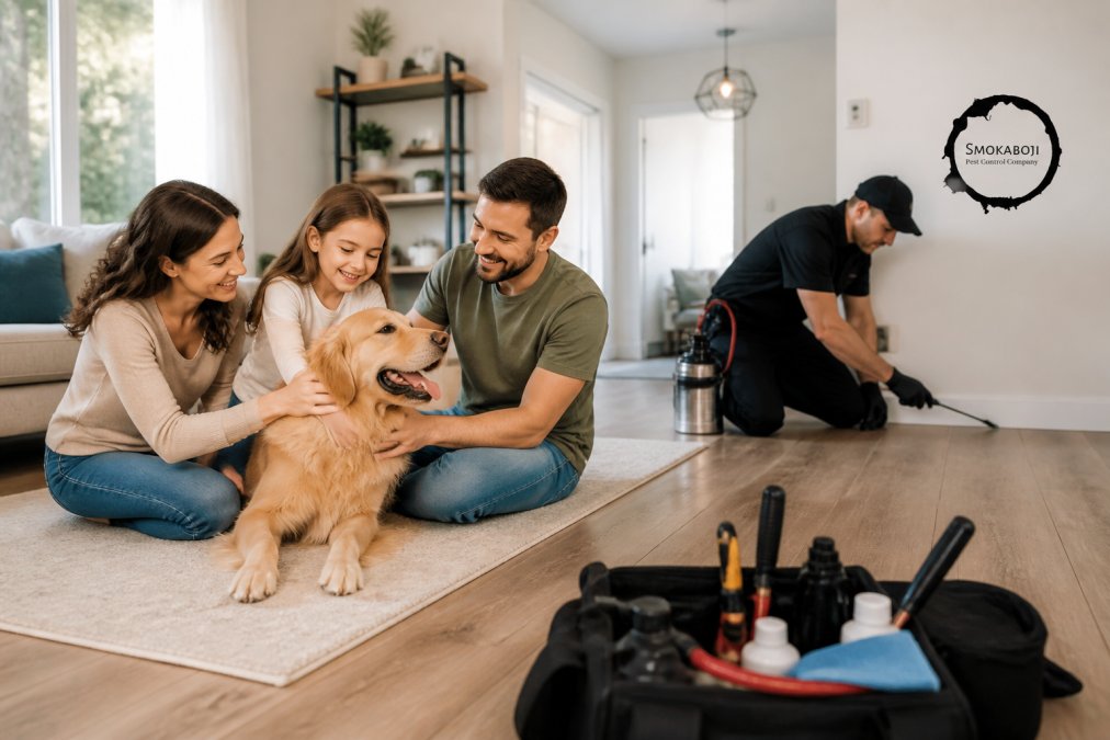 A family with their dog playing in a bright, clean living room while a professional technician in uniform applies a targeted treatment along the baseboard in the background