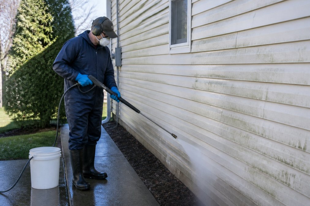 A homeowner in protective gear using a pressure washer with a wide fan spray tip on vinyl siding, holding the wand at a downward angle, with a bucket of cleaning solution nearby