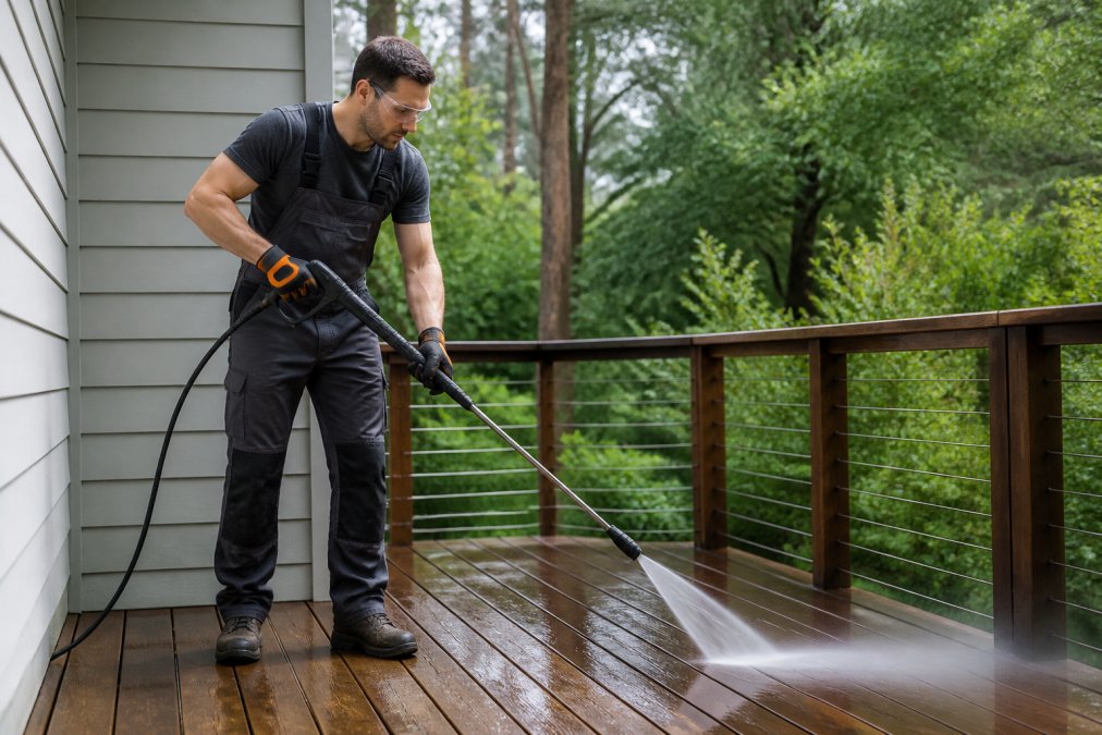 Professional demonstrating safe pressure washing for timber decks technique with protective eyewear and gloves, showing proper wide-fan nozzle technique on a timber deck with water spray visible at a safe angle