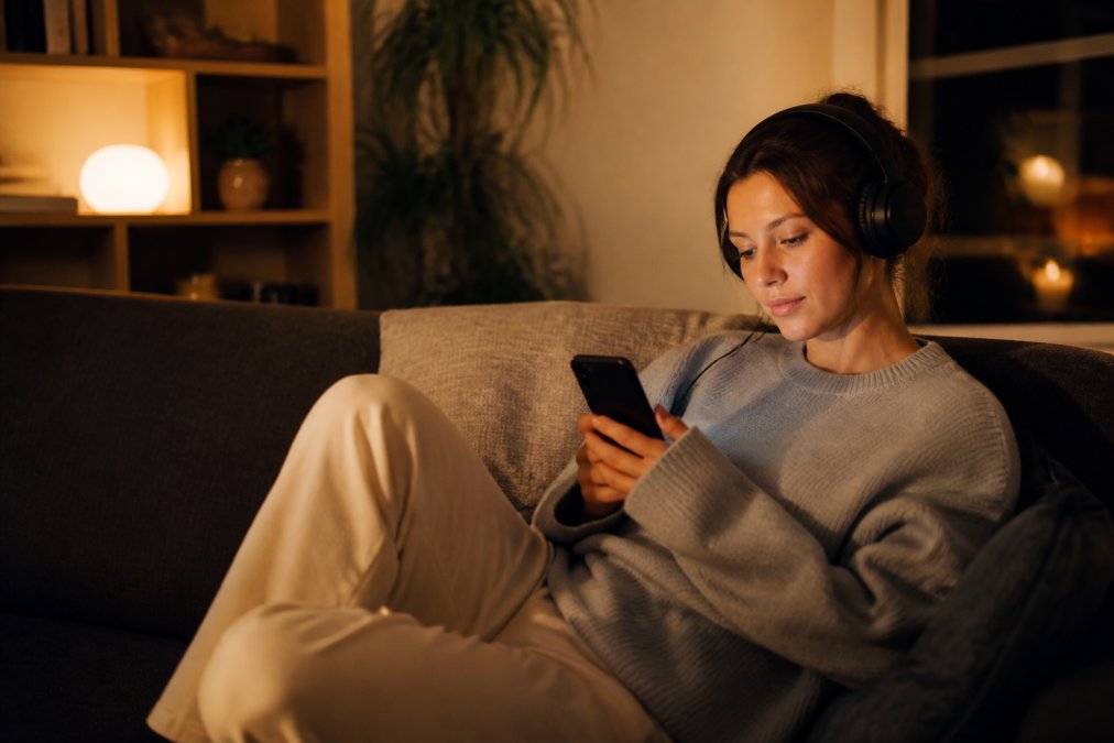 A person relaxing on a couch at home wearing headphones, holding a smartphone, with a warm, dimly lit room creating a private and intimate atmosphere