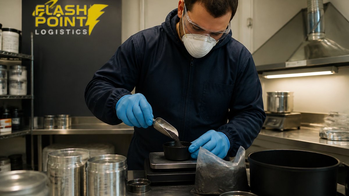 Professional demonstrating safe pyrotechnic powder handling with full PPE including nitrile gloves, safety goggles, dust mask, and protective clothing while working with powder containers in controlled facility