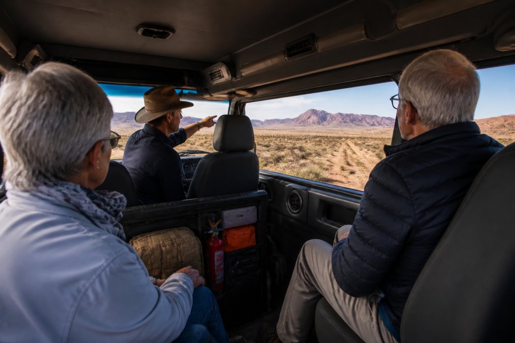 Mature travellers seated comfortably inside a purpose-designed 4WD vehicle on a remote outback track, with an experienced guide pointing out distant landmarks through the window, showing interior comfort features and safety equipment