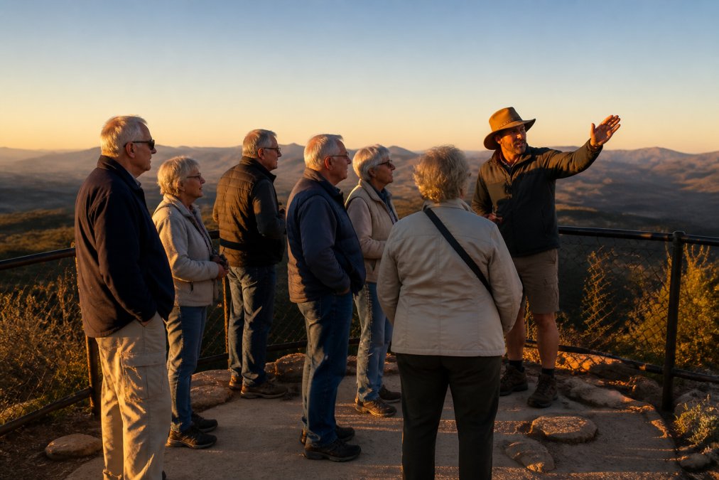 A small group of retirees gathered around a scenic viewpoint at sunset with their expert guide, sharing stories and pointing out landscape features, relaxed posture suggesting comfortable pace and genuine connection