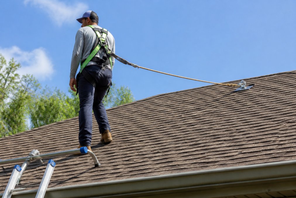 A professional cleaner wearing a full-body harness and non-slip boots, secured to a roof anchor on a steep shingle roof, with a ladder stabilizer visible at the edge