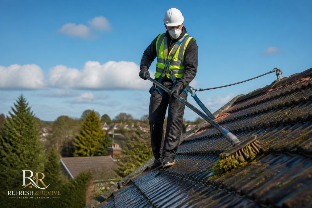 Professional in full protective gear including safety harness, hard hat, high-visibility vest, and gloves standing securely on pitched roof tiles with clear weather conditions