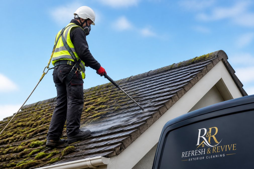 Professional illustration showing Professional for roof moss removal