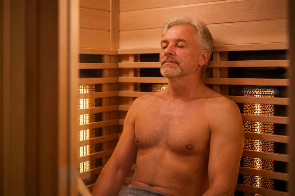 Step-by-step visual guide for person and s and sitting concepts for safe sauna use for joint pain