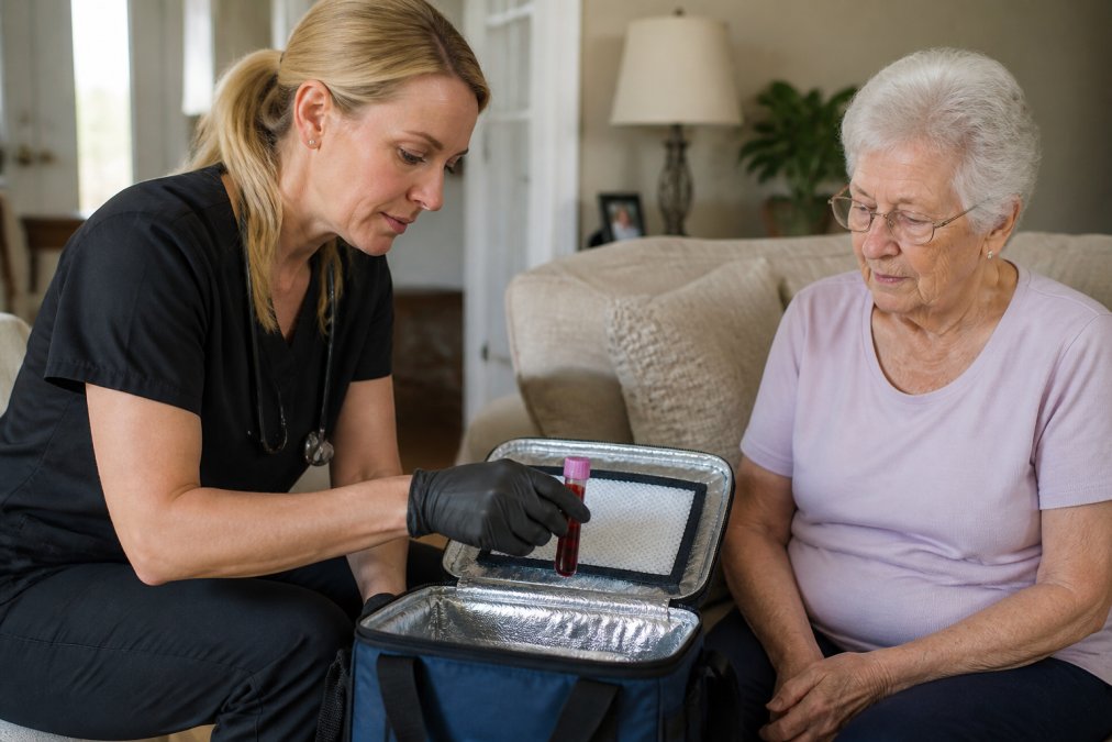 Phlebotomist securing a labeled blood vial for serum eye drop transport in a patient's home.