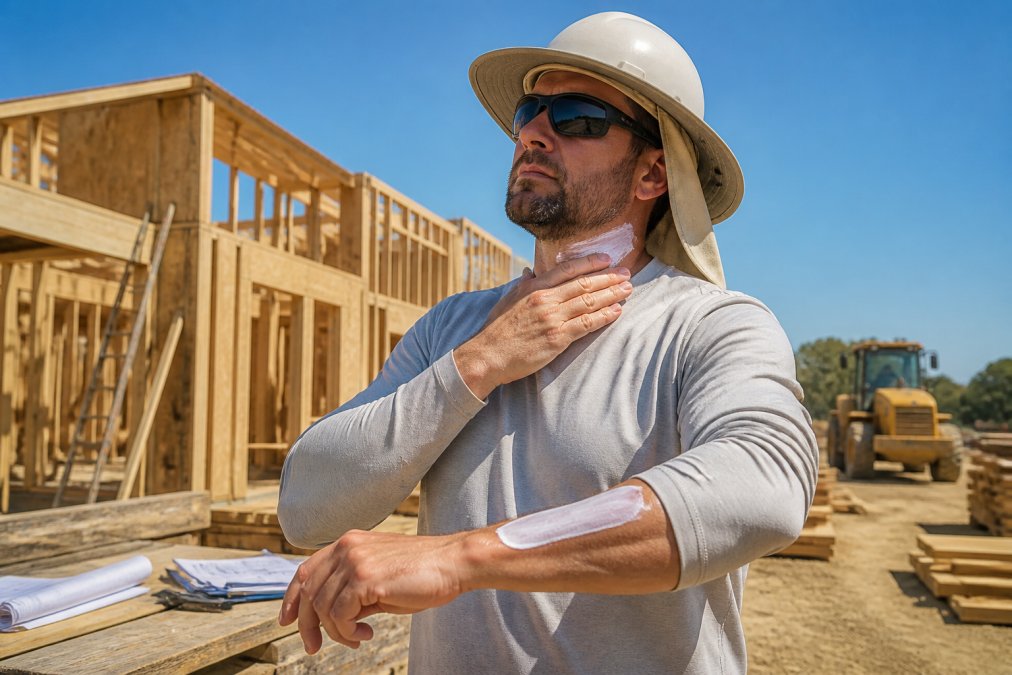 Construction worker in light-colored long-sleeved UPF shirt, wide-brimmed hard hat with neck shade, and UV-blocking sunglasses applying broad-spectrum sunscreen to exposed neck and forearms on a sunny job site
