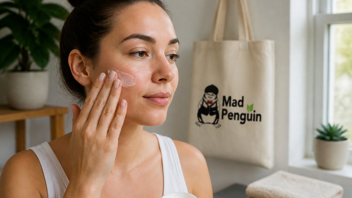 Person gently applying a smooth, fragrance-free moisturizer to their face in natural light