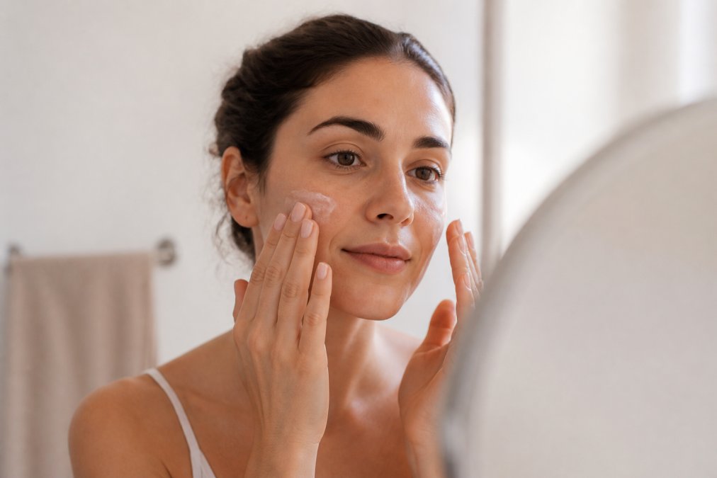 Person gently applying a calming moisturizer to their face with fingertips, showing proper application technique with a serene expression in soft natural lighting