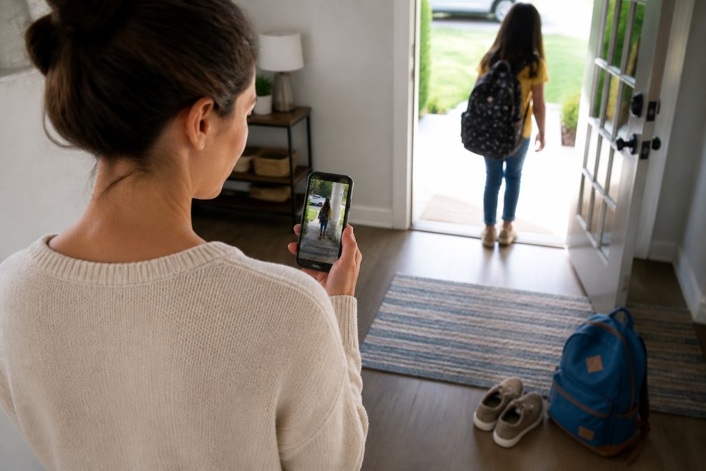 A parent checking a smart doorbell camera feed on a smartphone while standing in a bright home entryway, with a child's backpack and shoes visible nearby