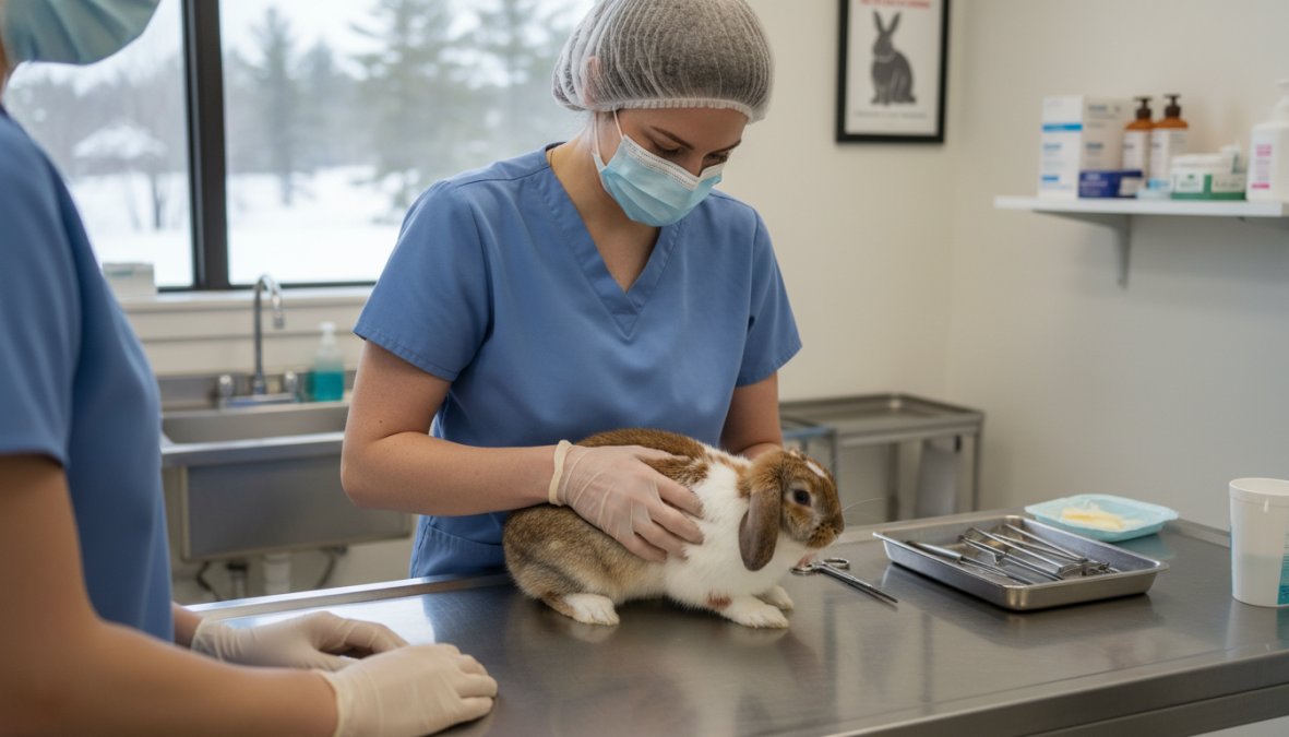 A veterinarian in blue scrubs gently examining a small white rabbit on a clean stainless steel exam table in a bright, modern veterinary clinic with overhead surgical lighting