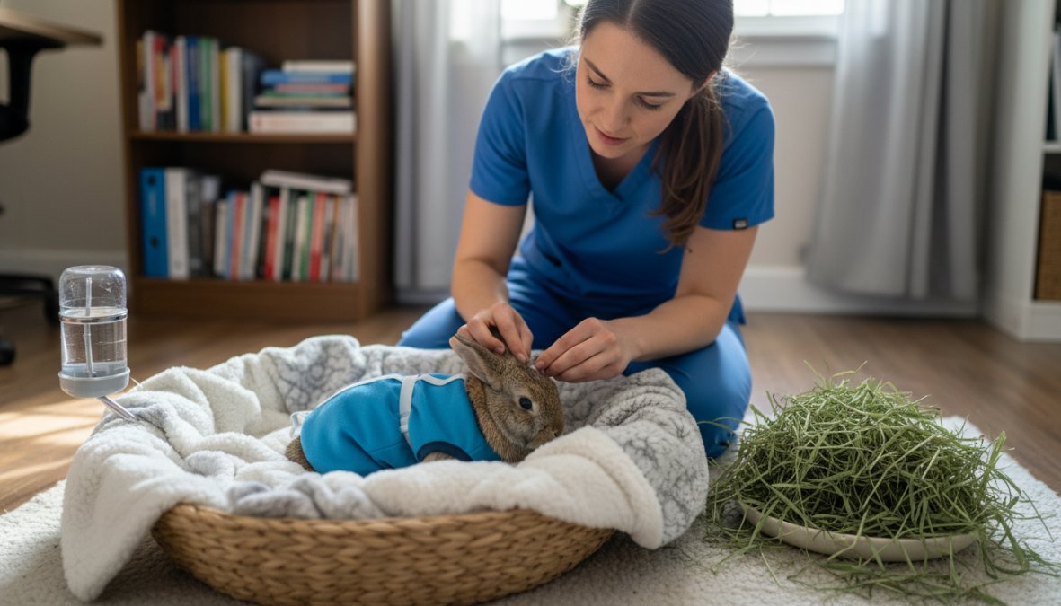 A small grey rabbit resting comfortably inside a clean, spacious recovery cage lined with soft white fleece bedding, with a water bottle attached to the side and a pile of fresh timothy hay visible in the foreground, warm indoor lighting