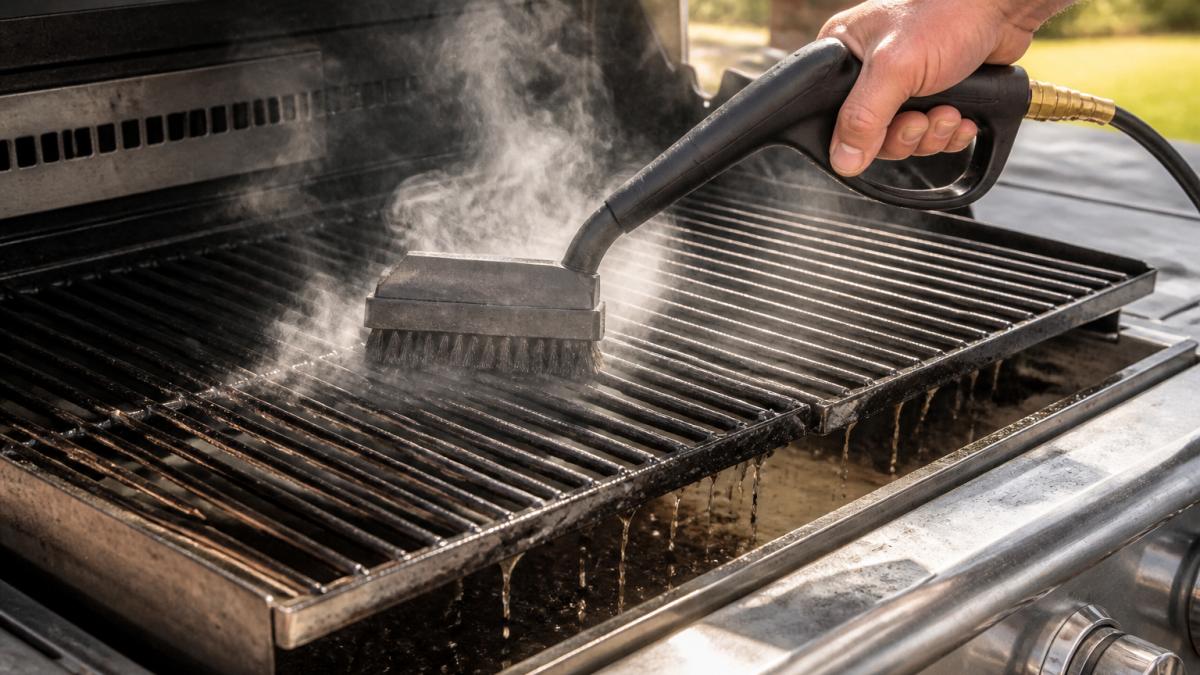 Close-up of steam cleaning grill brush releasing pressurized steam onto hot grill grates, visible grease melting and dripping away, professional outdoor grilling environment