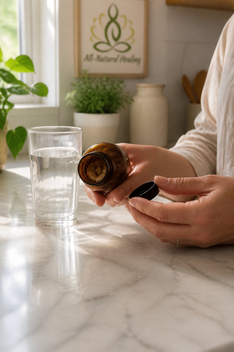 A close-up of a person's hands holding a supplement bottle next to a glass of water on a kitchen counter, with soft natural light