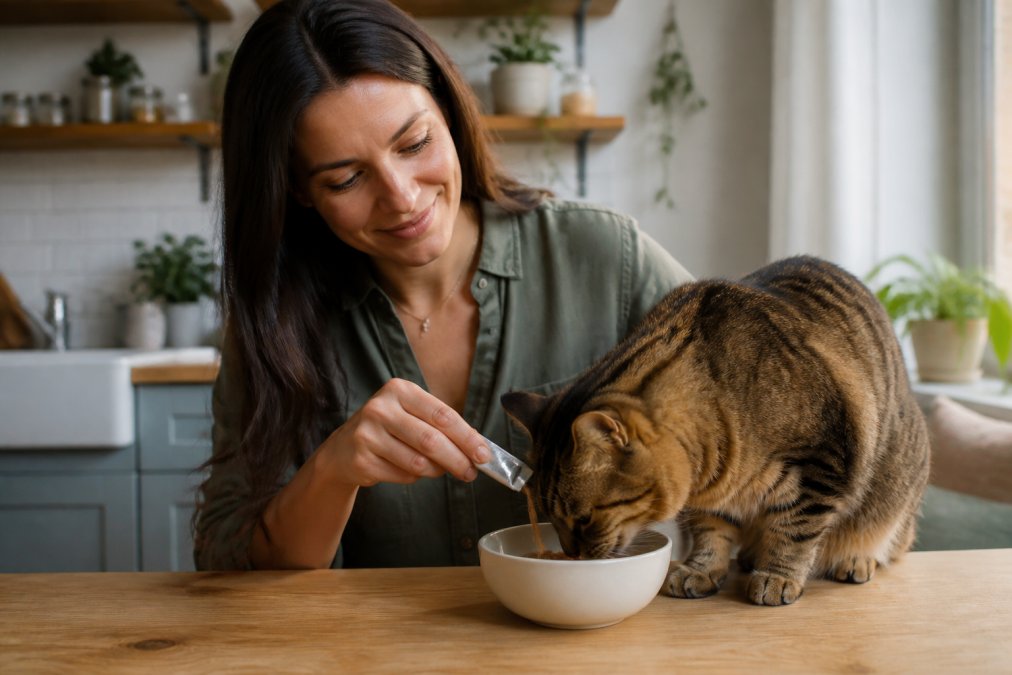 Step-by-step process for mixing safe supplements for cats with kidney issues into wet food for easy administration