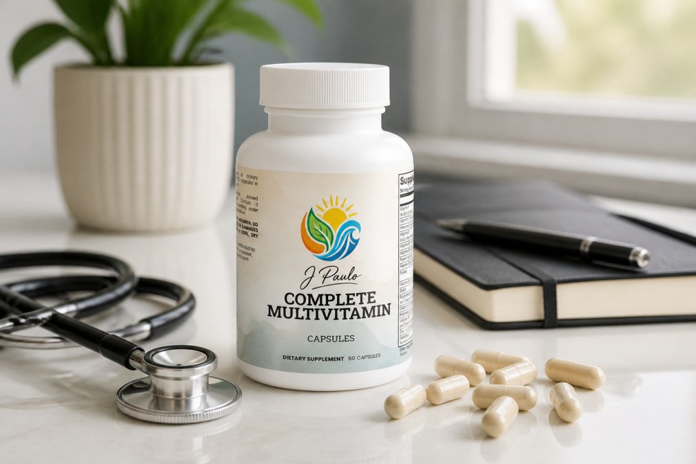 Close-up of supplement bottles and capsules arranged on a clean white surface with a stethoscope and wellness journal nearby