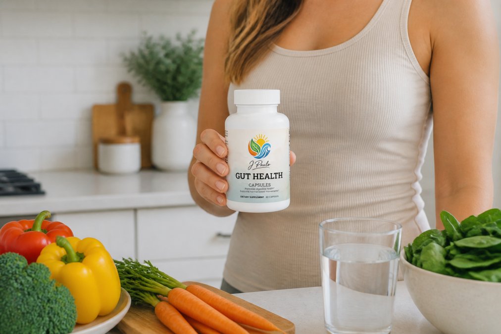 Person holding a probiotic supplement bottle in a bright kitchen, with fresh vegetables and a glass of water on the counter nearby