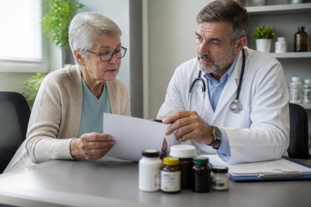 Elderly patient and healthcare provider in a clinical consultation room, patient holding a written list of supplements, doctor reviewing it together at desk with warm natural lighting