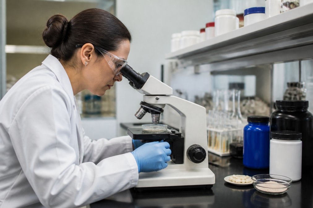 Laboratory technician examining supplement samples under a microscope with testing equipment and bottles visible on the workbench