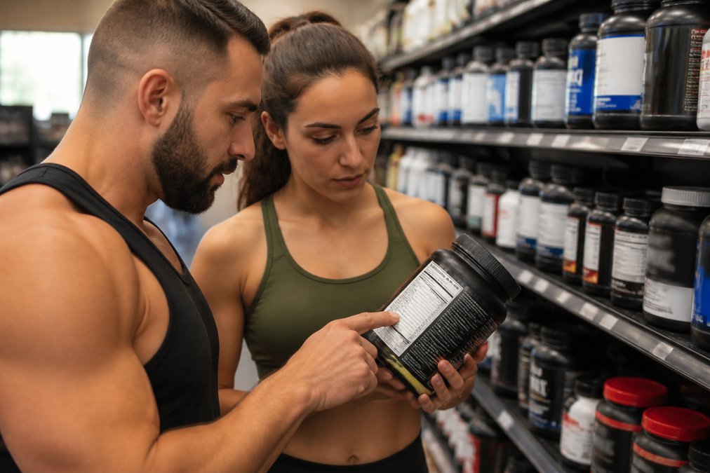 Close-up of hands holding a supplement bottle, pointing to the nutrition facts panel and ingredient list with clear lighting