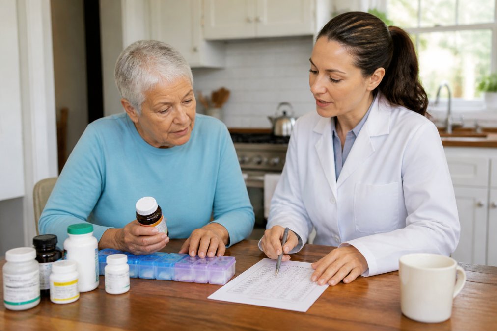 Pharmacist reviewing medication lists and safe supplements with an older adult using a weekly pill organizer