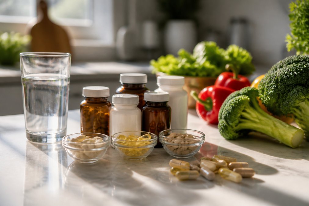 Close-up of supplement capsules and bottles arranged on a clean white countertop with fresh vegetables, a glass of water, and natural morning sunlight streaming across the surface