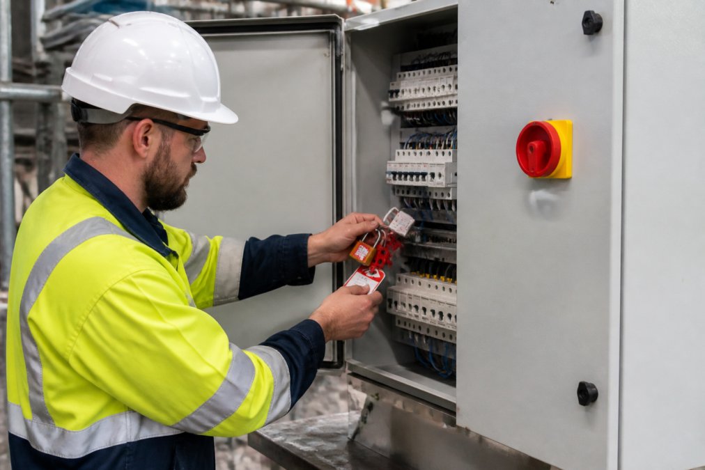 Qualified electrician demonstrating lock-out tag-out procedure on industrial electrical panel with safety padlocks and warning tags clearly visible in workshop setting