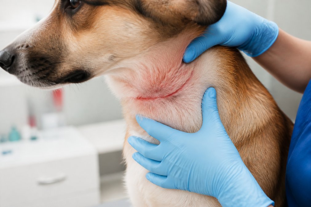Veterinarian examining red, irritated skin on a dog’s neck to help pet owners explore tick collar alternatives.
