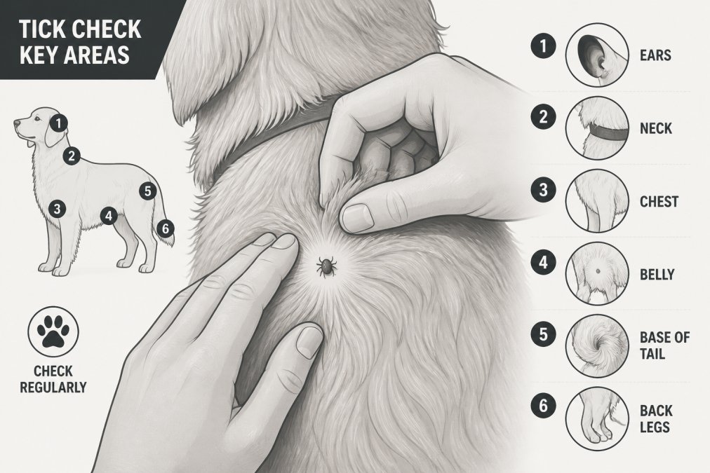 Close-up of hands carefully parting a dog's golden fur to inspect the skin for ticks, showing proper inspection technique with natural outdoor lighting
