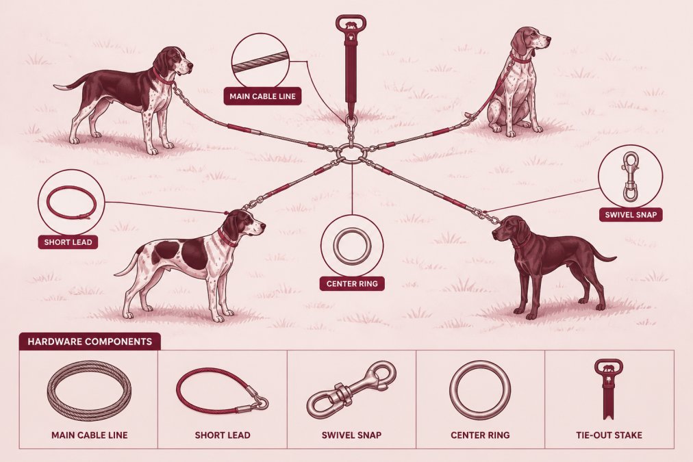 Close-up of a multi-dog tie-out system laid out on grass showing the main cable line, individual short leads with swivel snaps, the center ring attachment point, and multiple dogs positioned safely at different positions without tangling